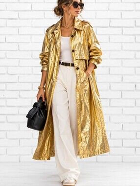 Forte_forte Metallic Gold Crinkled Long Designer Statement Trench Coat Size S